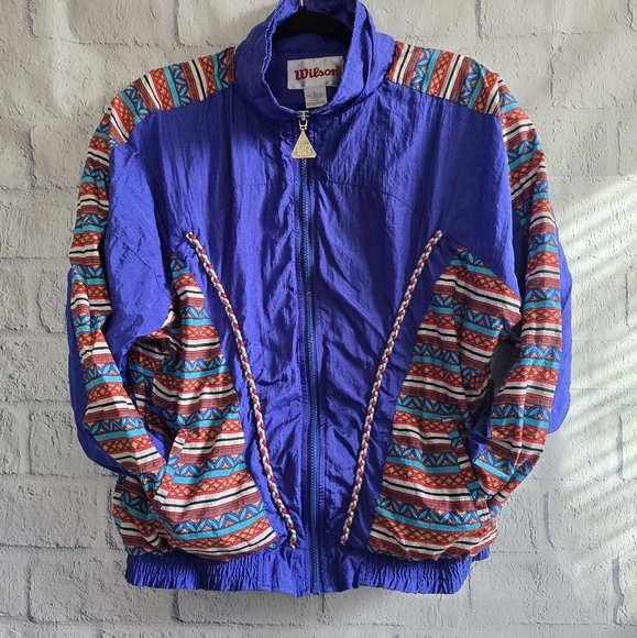 Vintage 90s Wilson Retro Blue Funky Print Windbreaker Full Zip Jacket Large - Picture 1 of 15